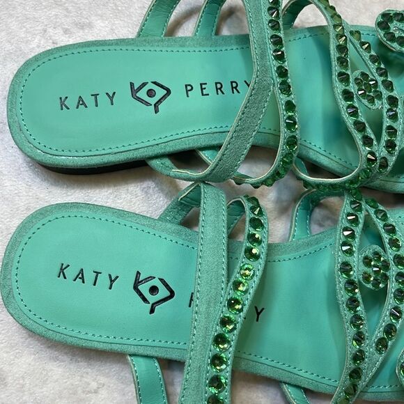 Katy Perry Anat Slide Mint Green Jeweled Eye Slip On Sandal Flats Sz 6.5 - Picture 2 of 8
